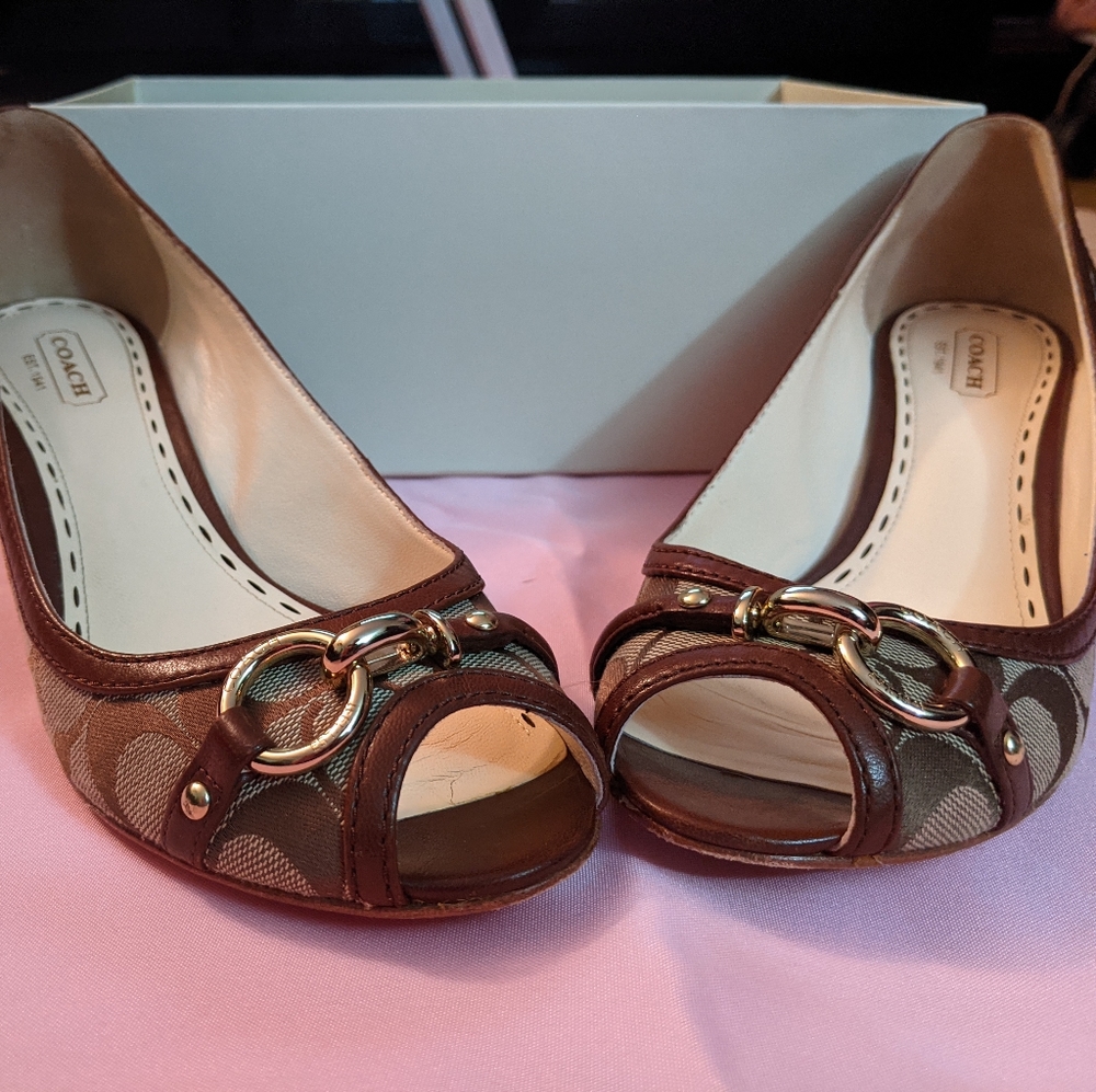 Classic Brown C Coach Peep-Toe Wedge - Size 7.5
